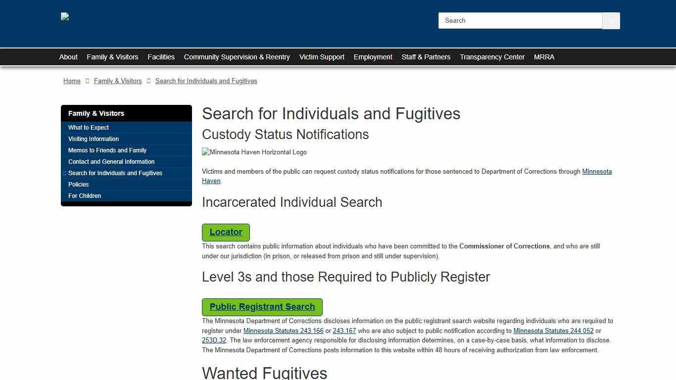 Search for Individuals & Fugitives / Department of Corrections